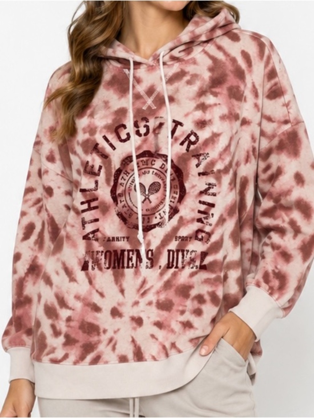 Style & Co Pink Tie Dye Athletics Training Hoodie Tennis Graphic Sweatshirt L